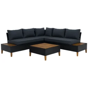 Zahradní ratanový set MALKOM – akáciové dřevo, černá/šedá/přírodní