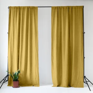 Žlutý lněný závěs Lemon Curry, 140 × 300 cm