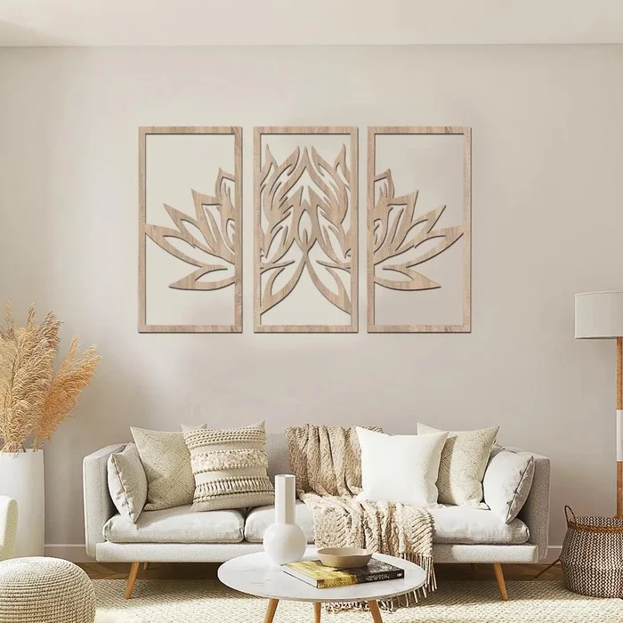 3D Lotosový Květ na Zeď - Dřevěný Obraz v Barvě Dub Sonoma, 60x40 cm