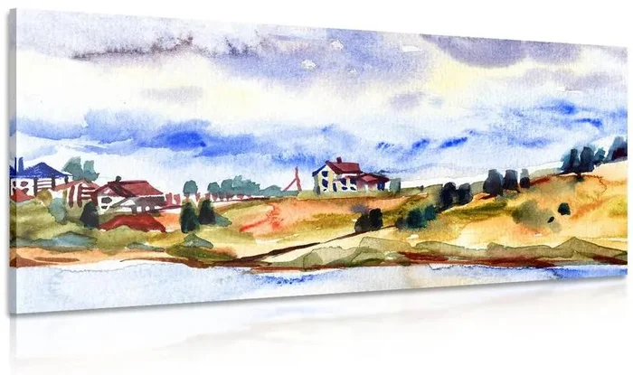 Akvarelový obraz vesnické krajiny