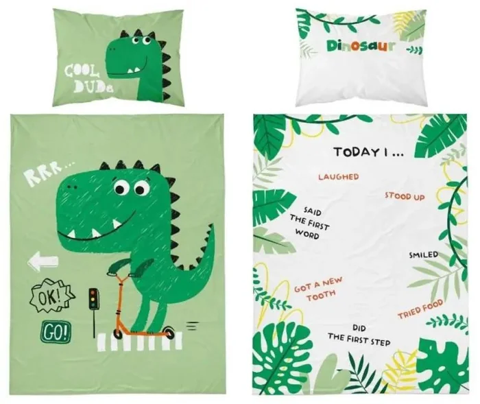 Bambusové povlečení do postýlky DINO, oboustranné, zelené