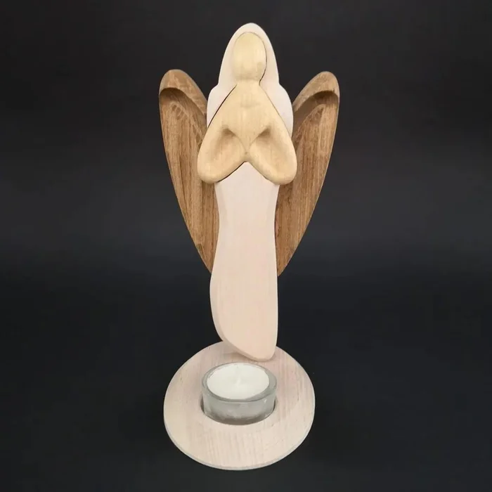 Barevný dřevěný anděl svícen srdce 25 cm