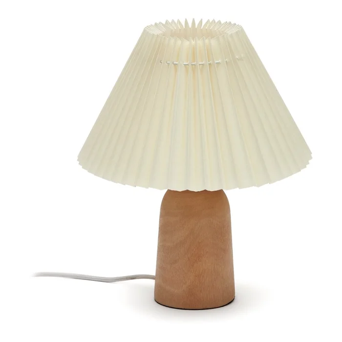 Béžová stolní lampa z kaučukového dřeva s textilním stínidlem