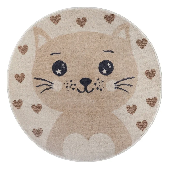 Béžový dětský koberec s motivem kočky, průměr 140 cm