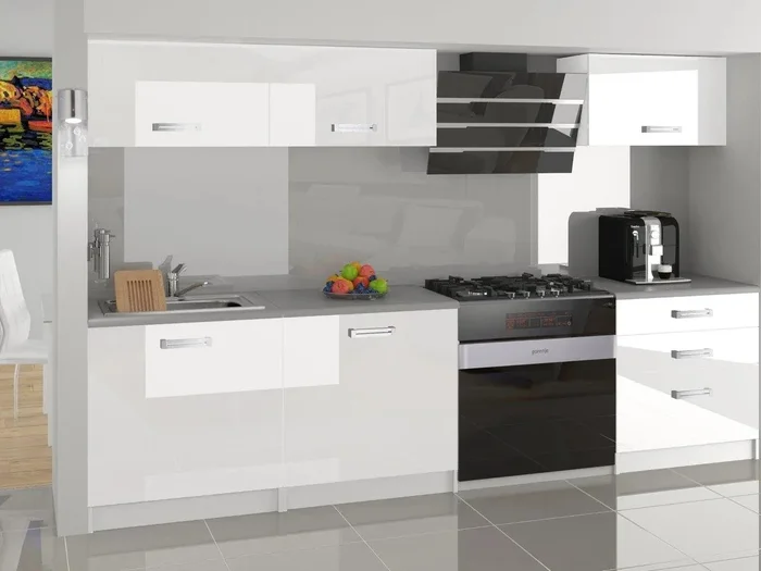 Bílá lesklá kuchyňská linka Belini 180 cm s pracovní deskou Laurentino