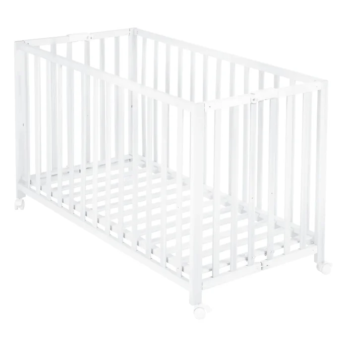 Bílá skládací dětská postýlka na kolečkách 60x120 cm