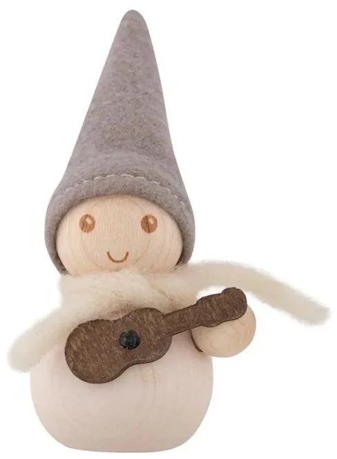 Bílý dřevěný skřítek kytarista 9 cm