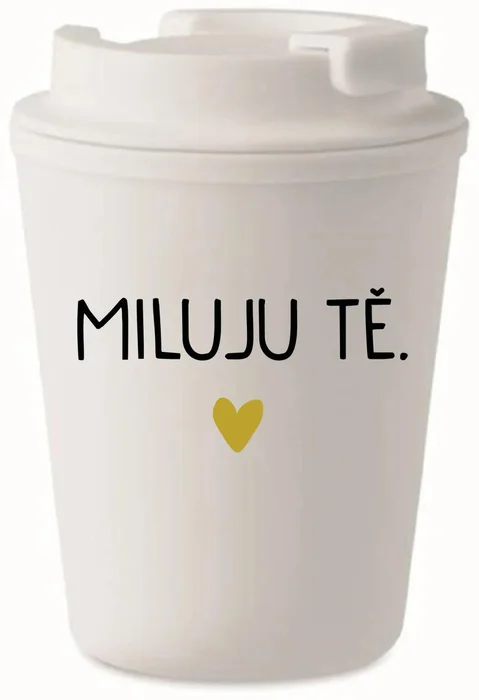 Bílý termohrnek 300 ml s nápisem MILUJU TĚ.
