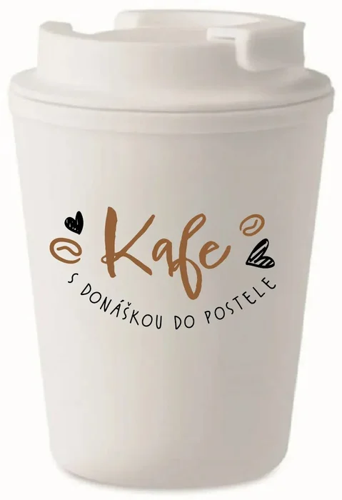 Bílý termohrnek s nápisem KAFE S DONÁŠKOU DO POSTELE, 300 ml
