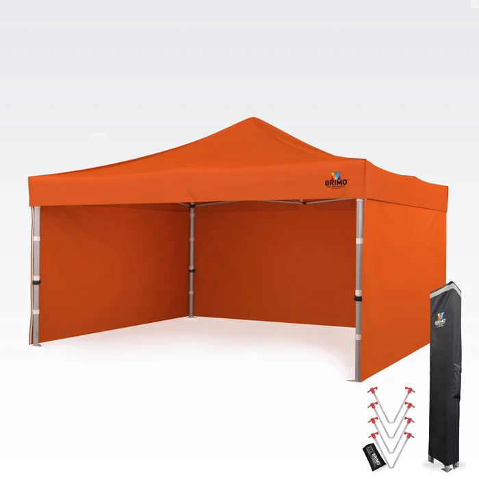 BRIMO Nůžkový stan 4x4m s třemi bočními stěnami, oranžový, hliníková konstrukce