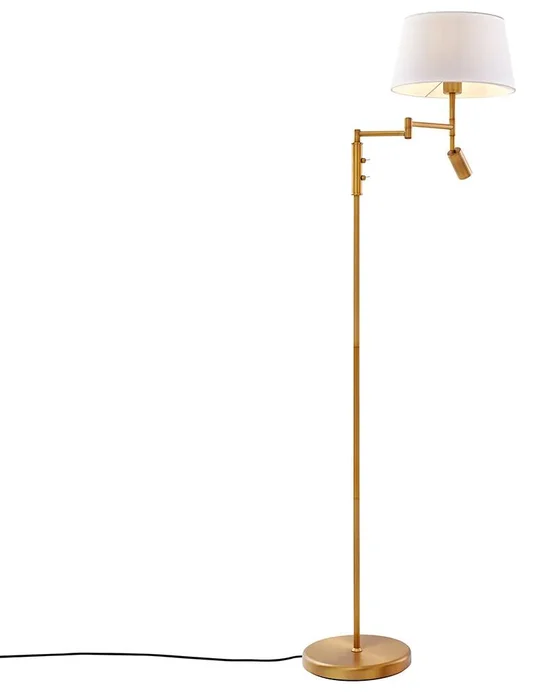 Bronzová stojací lampa s bílým stínítkem a nastavitelným čtecím světlem