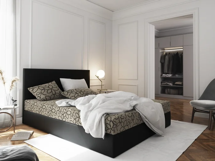 Čalouněná postel CESMIN 180×200 cm, krémová se vzorem a černou ekokůží