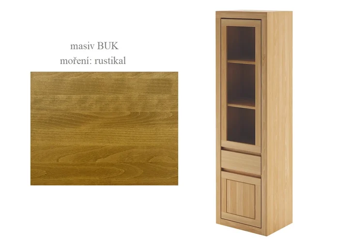 CAPITELLA: vysoká vitrína, pravá, masivní buk, rustikální moření