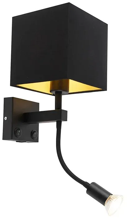 Černá nástěnná lampa Zeno s USB a stylovým čtvercovým stínidlem