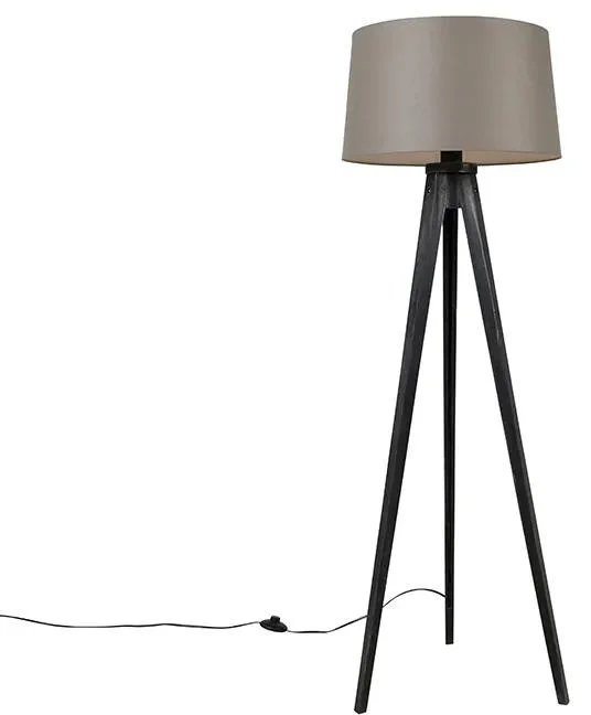 Černá stojací lampa s lněným stínítkem a třemi nohami