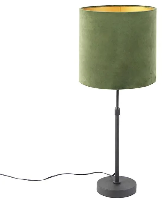 Černá stolní lampa s zeleným sametovým stínítkem a zlatým detailem