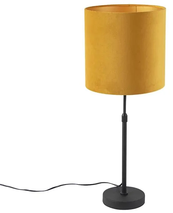 Černá stolní lampa s žlutým sametovým stínítkem a zlatým vnitřkem