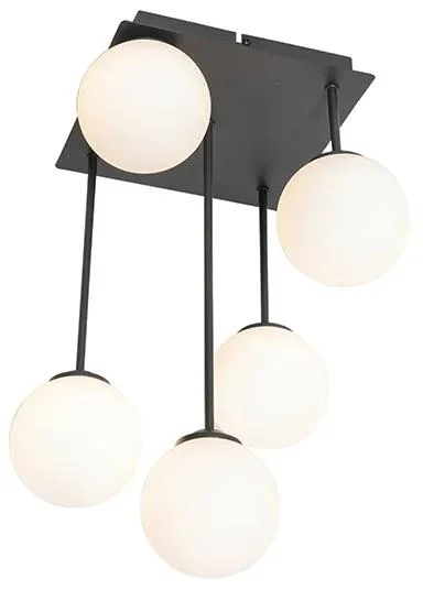 Černé moderní 5-ramenné stropní svítidlo s opálovým sklem