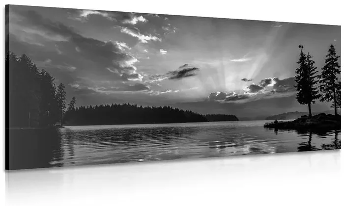 Černobílý horský jezero – umělecký obraz na plátně