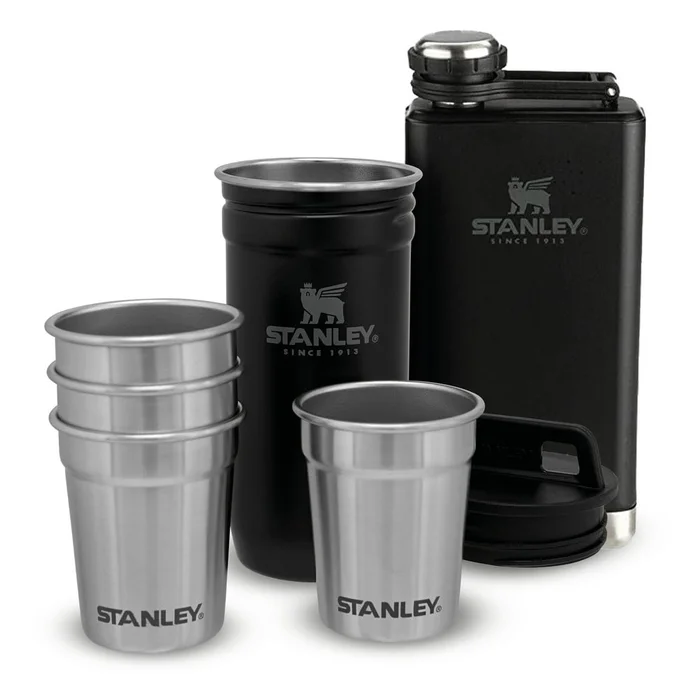 Černý nerezový set s placatkou a panáky 6 ks 250 ml Stanley