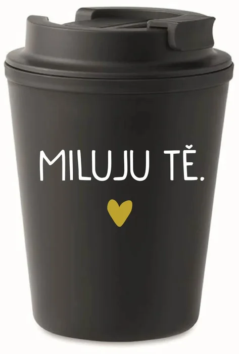 Černý termohrnek 300 ml s nápisem MILUJU TĚ.