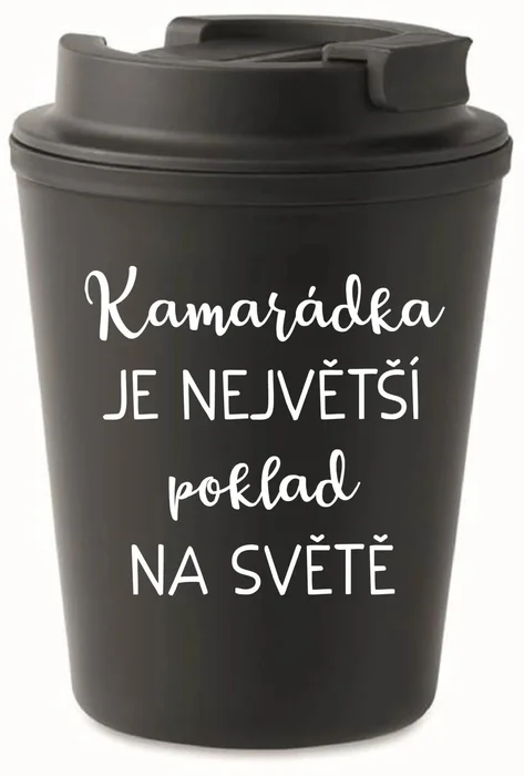 Černý termohrnek 300 ml s vtipným nápisem KAMARÁDKA JE NEJVĚTŠÍ POKLAD