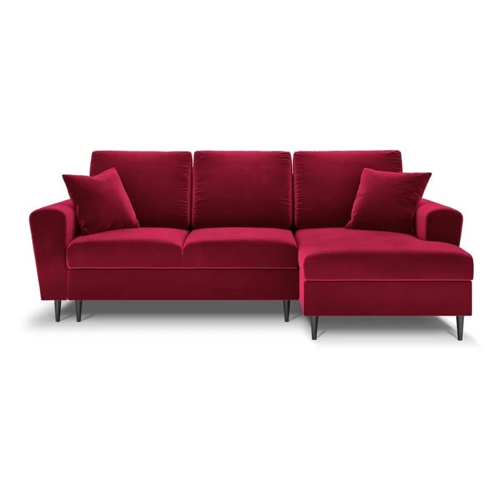 Červená sametová rohová pohovka Kyoto s úložným prostorem a funkcí rozkladu