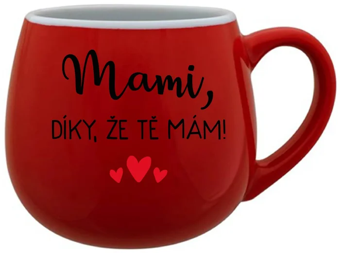 Červený keramický hrníček 300 ml - MAMI, DÍKY, ŽE TĚ MÁM!