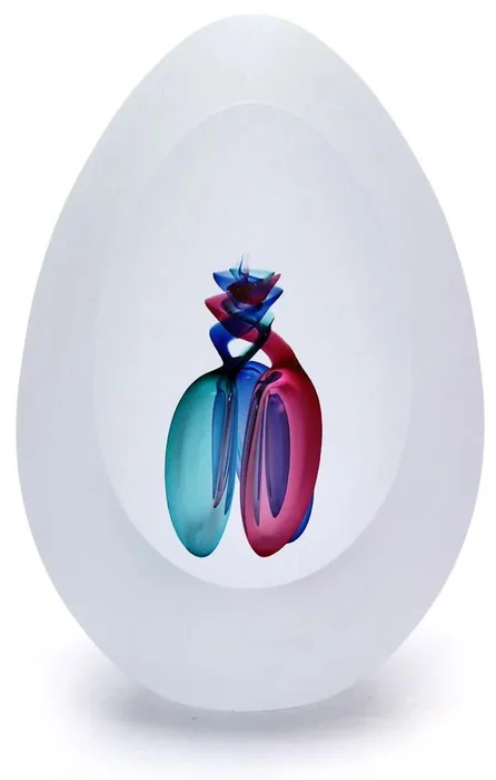 České skleněné těžítko ve tvaru vajíčka, modro-růžové tóny, 7 cm