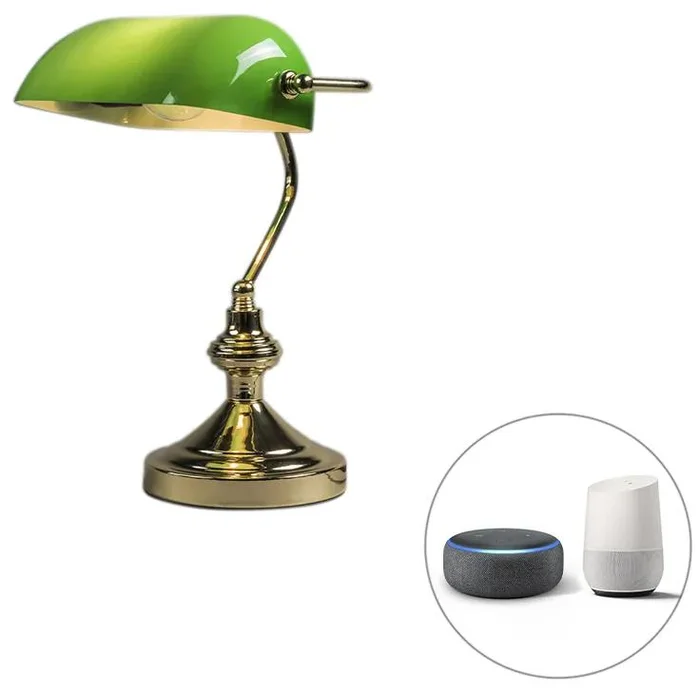 Chytrá mosazná stolní lampa se zeleným sklem