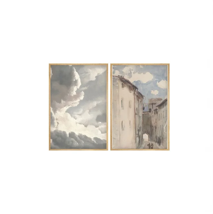 Dekorativní obraz ve dřevěném rámu – mračná obloha a ulice, sada 2×30×40 cm