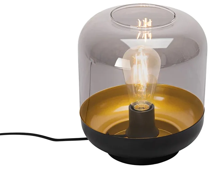 Designová černá stolní lampa s zlatými detaily a kouřovým sklem