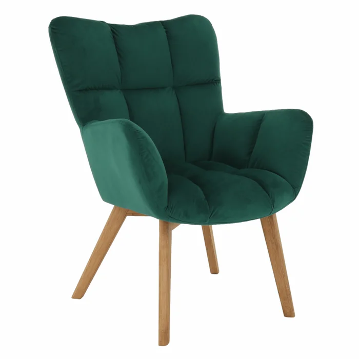 Designové smaragdové křeslo s dubovým prvkem