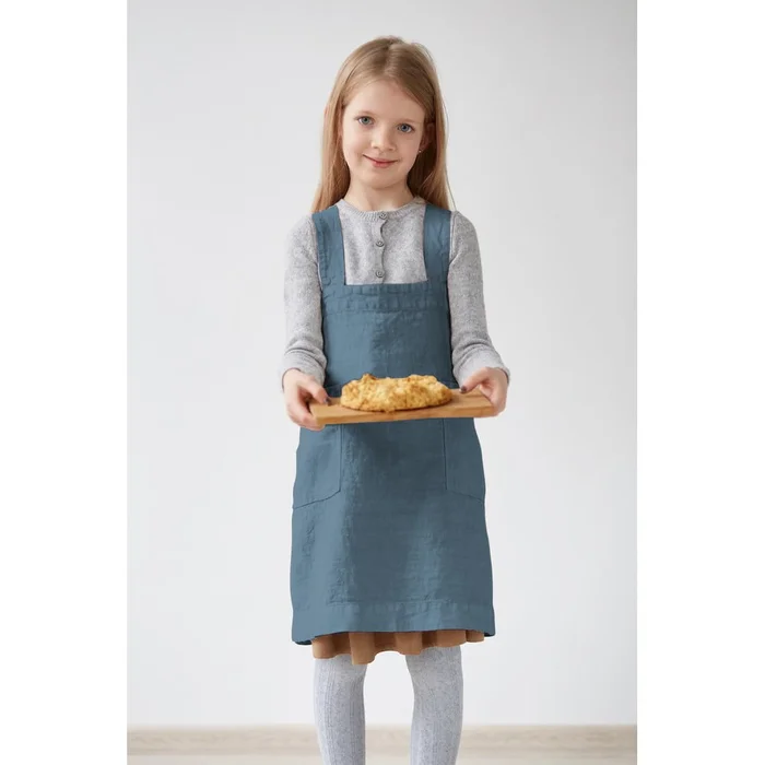 Dětská modrá lněná zástěra Linen Tales Pinafore 72x45 cm