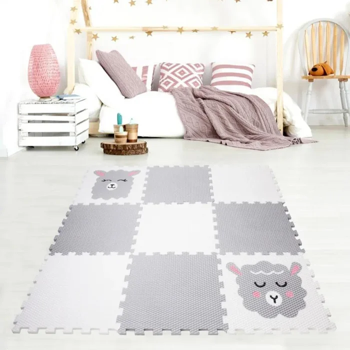 Dětská podlaha Minideckfloor 9 dílů - beránek, lama, šedá a bílá