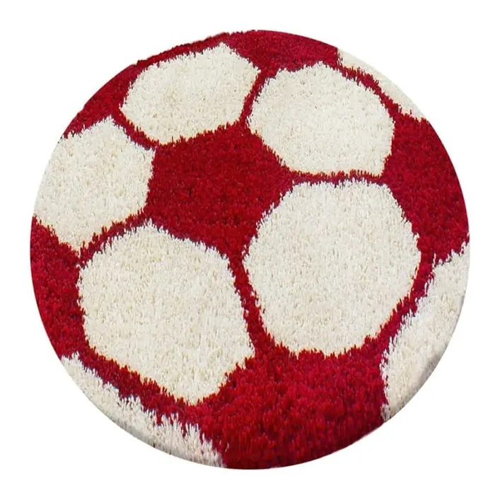 Dětský kruhový koberec Fun 6001 – červeno-bílý fotbalový motiv