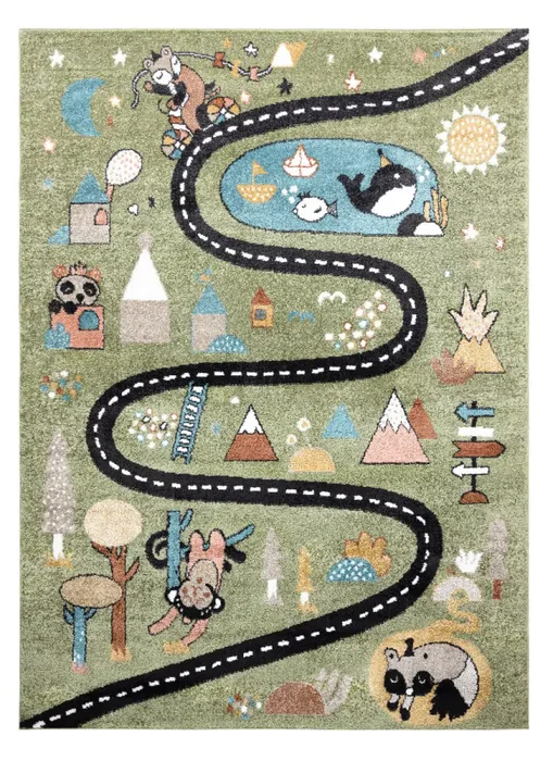 Dětský kusový koberec Street Animals – Fun Route zelený 80×150 cm