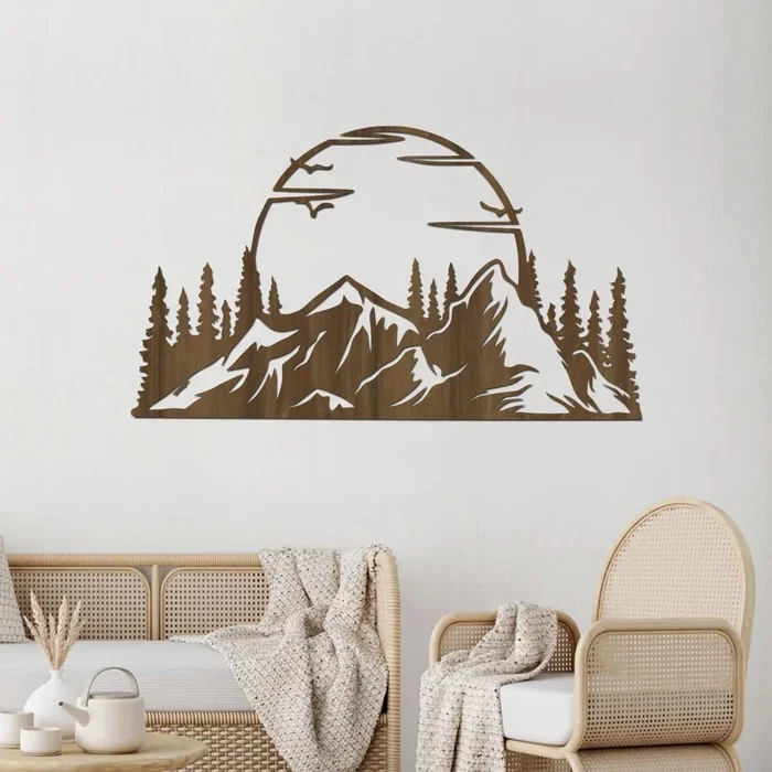 Dřevěná dekorace hor se západem slunce 80x45 cm