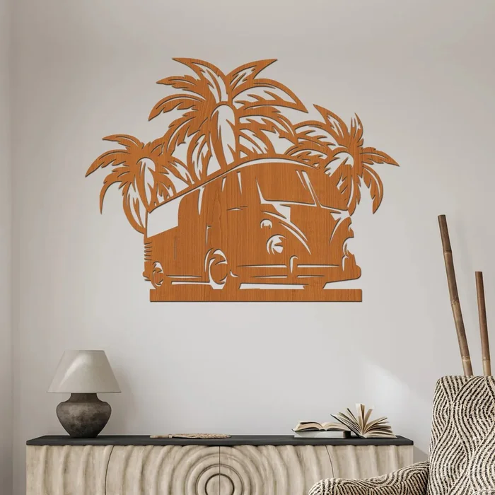 Dřevěná dekorace na zeď HOLIDAY CAR 60x45 Třešeň