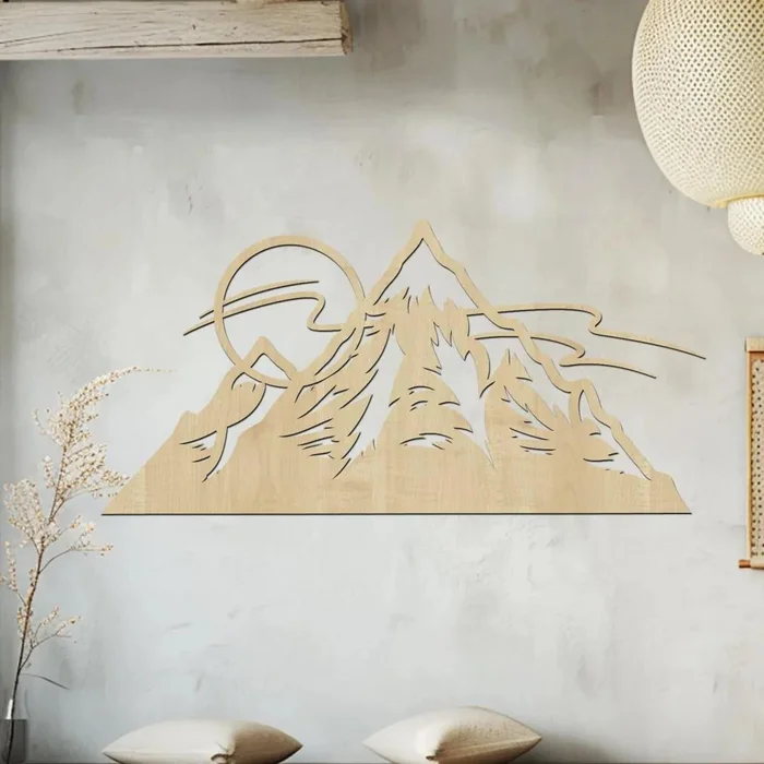 Dřevěná hory se západem slunce na stěnu