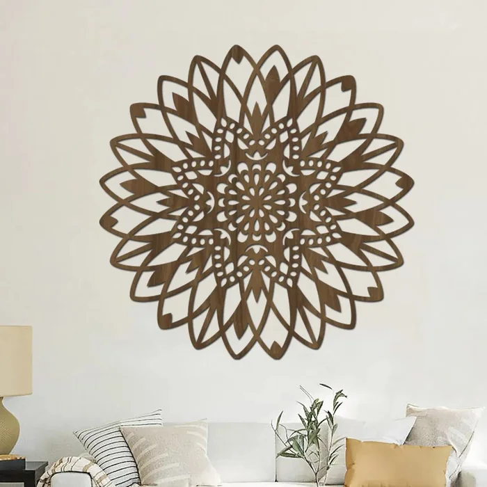 Dřevěná mandala na zeď Zdraví v ořechové barvě, Ø 40 cm