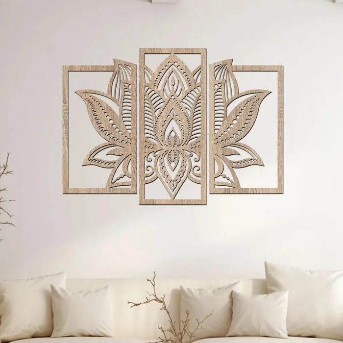 Dřevěná mandala Plovoucí květ 3dílná dekorace 120x87 cm