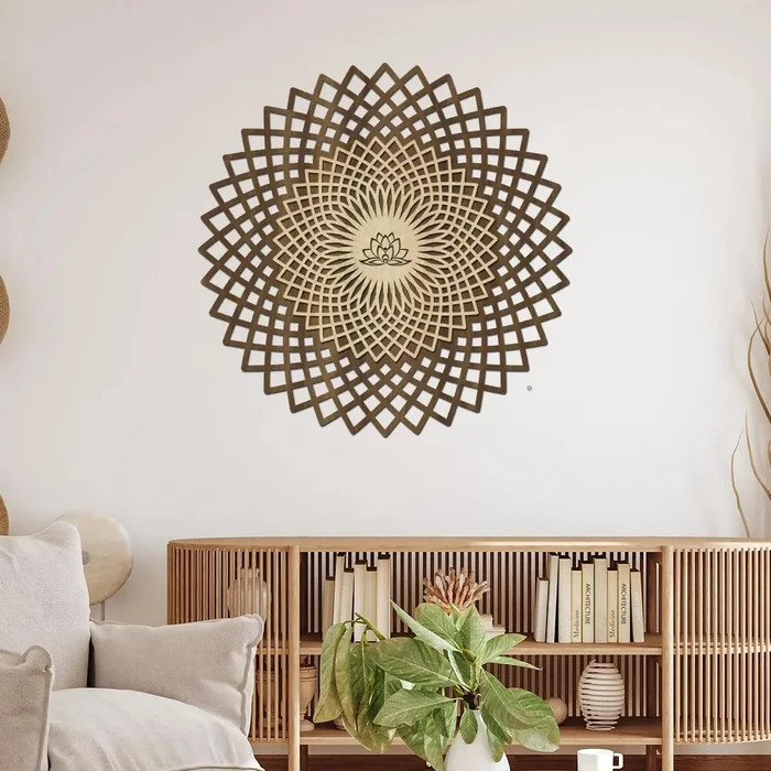 Dřevěná mandala UNIVERSUM s 3D efektem – dvouvrstvá dekorace na zeď, ořechová barva, Ø 40 cm
