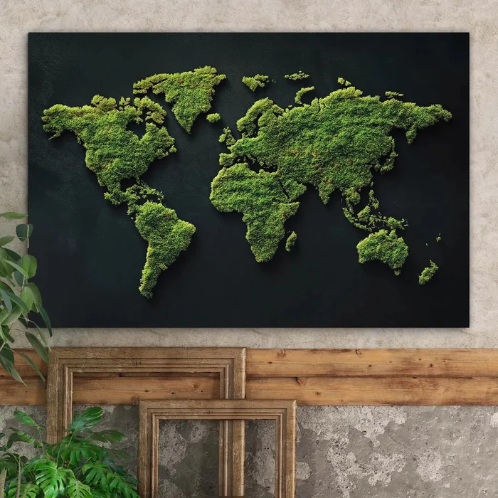 Dřevěná mapa světa s mechovým motivem