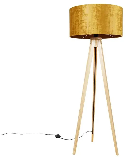 Dřevěná stojací lampa s zlatým látkovým stínítkem 50 cm