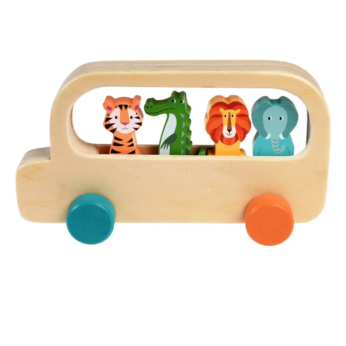 Dřevěný autobus s barevnými tvory