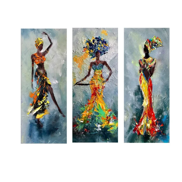 Dřevěný dekorativní obraz ženy s tmavou pletí, 3 díly 70×50 cm