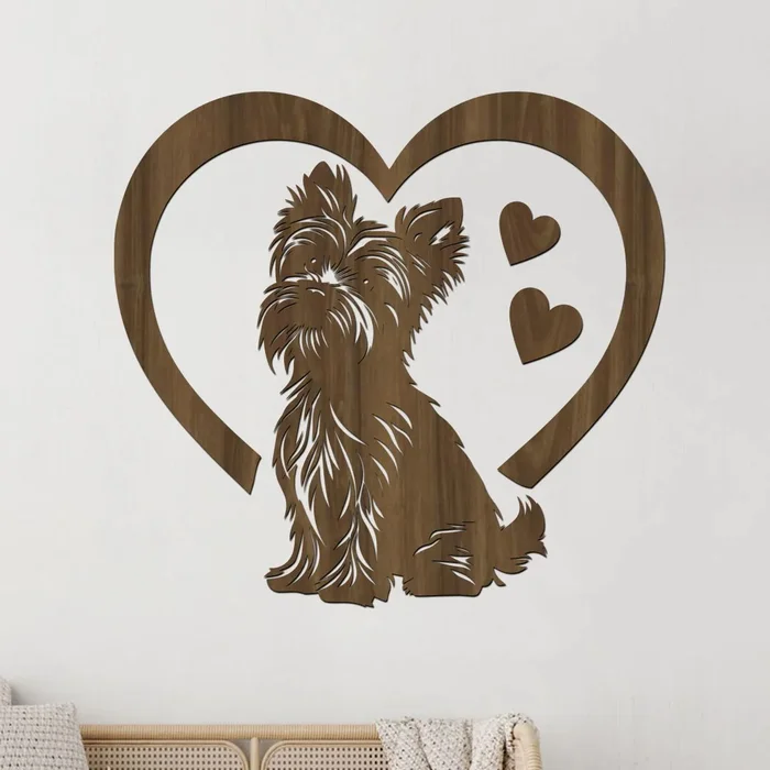 Dřevěný obraz psa Biewer Teriér v srdci, 40x37 cm, ořechová barva