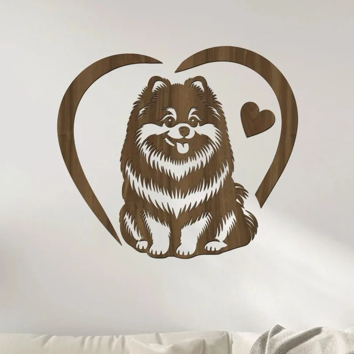 Dřevěný obraz psa Pomeranian v srdci 40x35 cm ořech
