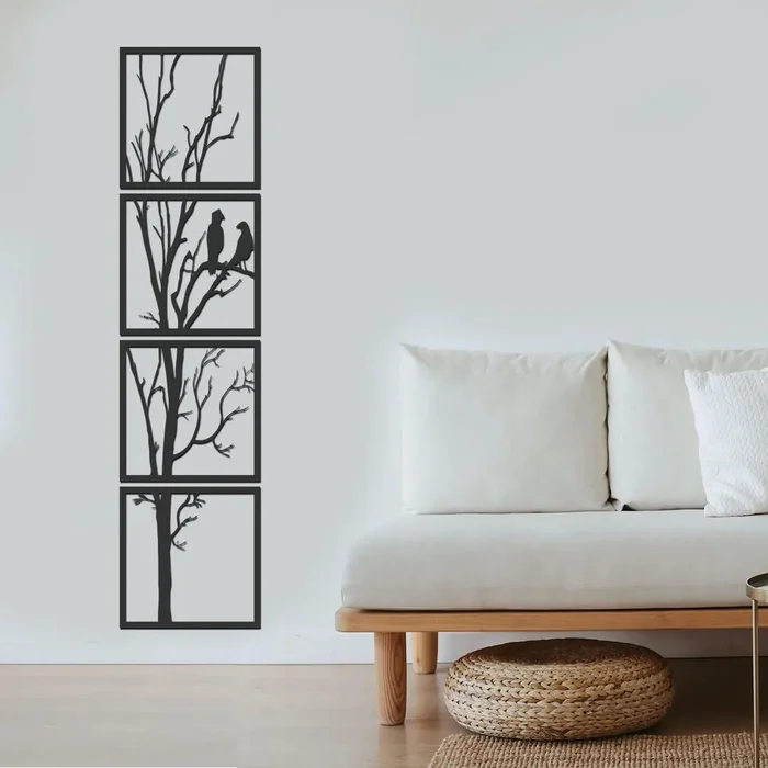 Dřevěný obraz Ptačí strom 4dílný černý 40x160 cm